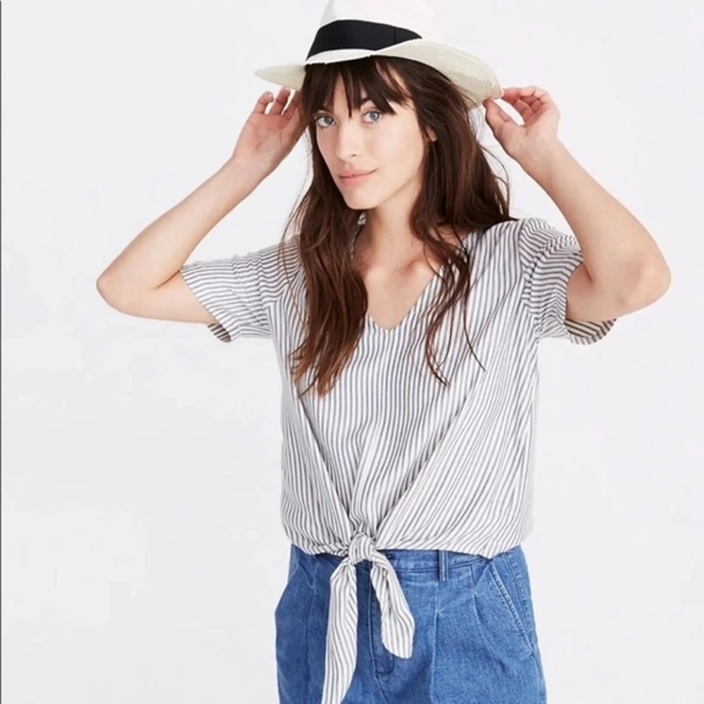 Madewell Blue and White Striped Tie Front Shirt